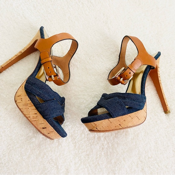 Coach Denim and Tan Platform Heels - Picture 1 of 8